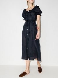 Sleeper square neck linen midi dress | puff sleeve tie waist dresses