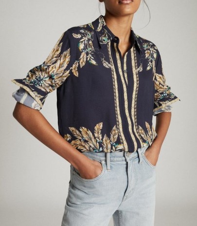 REISS TIFF FEATHER PRINTED SHIRT NAVY ~ blue printed shirts