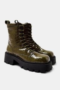 TOPSHOP ALI Khaki Square Toe Leather Chunky Lace Up Crocodile Boots ~ green croc effect footwear