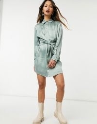 & Other Stories satin tie waist mini shirt dress in dusty green