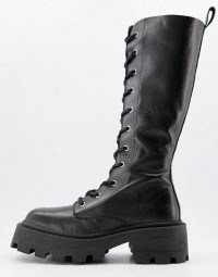 ASOS DESIGN Celina leather square toe lace up knee boots in black ~ chunky sole and heel