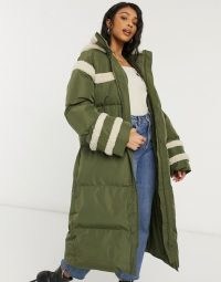 ASOS DESIGN longline puffer jacket with borg detail in khaki ~ green padded coats