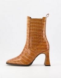 ASOS DESIGN Radius premium leather high heeled boots in tan croc ~ crocodile effect square toe boot