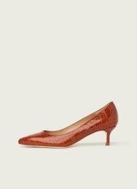 L.K. BENNETT AUDREY TAN CROC-EFFECT LEATHER COURTS / brown crocodile-embossed kitten heel court shoes