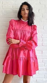 AVAVAV Ruffle Long Sleeve Lace Collar Dress | hot pink high neck dresses | puff sleeve fashion