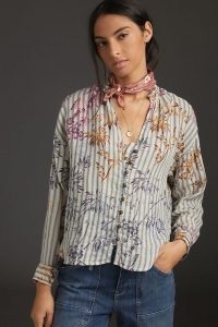 Pilcro The Tavi Ruffled Buttondown / stripes and florals / casual tops