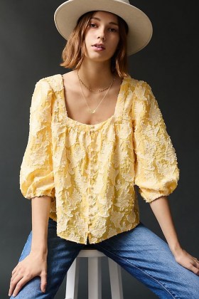 Anthropologie Isla Textured Blouse Yellow | bright voluminous sleeved top