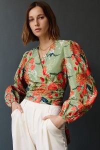 Conditions Apply Wrap-Front Blouse / green open back floral blouses