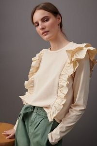 ANTHROPOLOGIE Karina Ruffled Sweatshirt Peach / cotton ruffle trim top