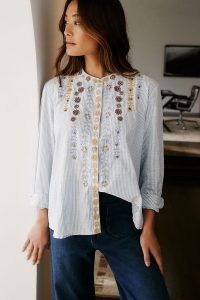 Pilcro The Whitney Beaded Trapeze Buttondown / striped shirts / floral embroidery