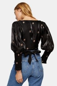 TOPSHOP Black Embroidered Rose Crop Blouse / back tie detail blouses / cropped waist tops