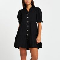 River Island Black tier shirt mini dress | tiered puff sleeve dresses