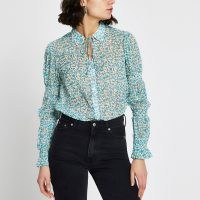 RIVER ISLAND Blue floral tie neck shirt