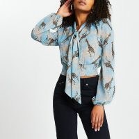 RIVER ISLAND Blue giraffe print tie neck crop blouse top / animal prints