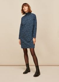 WHISTLES TIGER LEOPARD JERSEY DRESS / blue high neck winter dresses / animal print fashion