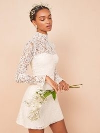 REFORMATION Carraway Dress ~ ivory lace mini length bridal dresses ~ high neck ~ beautiful alternatives to wedding gowns