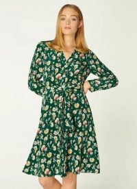 L.K. BENNETT CHRISTY GREEN ANEMONE PRINT SILK DRESS / floral tie waist dresses