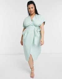 Closet London Plus kimono wrap tie midi dress in sage ~ green plus size dresses ~ curvy fashion