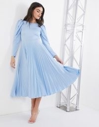 Closet London puff shoulder pleated midi dress in powder blue