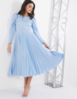 Closet London puff shoulder pleated midi dress in powder blue