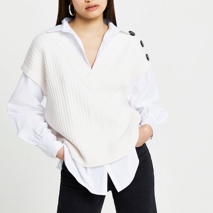 River Island Cream button shoulder tank shirt | jumpers with under shirts attached
