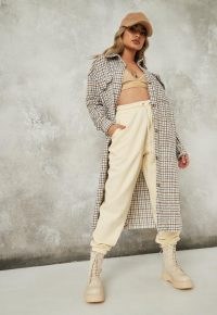 MISSGUIDED cream check relaxed utility long shacket ~ longline checked shackets