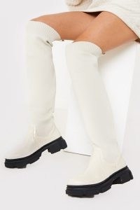 IN THE STYLE CREAM KNEE HIGH SOCK BOOTS ~ monochrome footwear