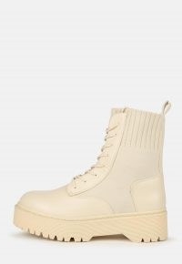 MISSGUIDED cream knitted chunky lace up ankle boots ~ neutral thick sole boot