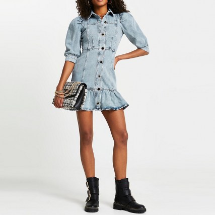 River Island Denim peplum hem shirt dress | casual puff sleeve dresses | pephem