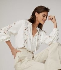 REISS DOTTIE LACE DETAIL BLOUSE WHITE ~ feminine cut out blouses