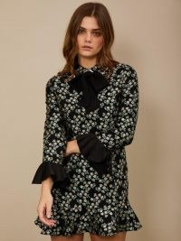 sister jane Somersault Jacquard Mini Dress Black and Green / floral ruffle sleeve dresses / romantic style fashion