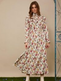 sister jane Fond Memories Belted Midi Dress / romantic floral dresses / high neck prairie look dresses