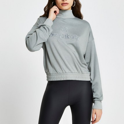 RIVER ISLAND Green RVR ‘New York City’ crop sweatshirt ~ high neck slogan sweat tops