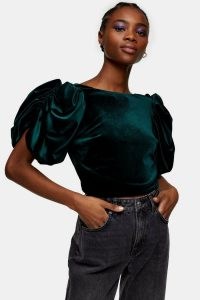 Topshop Green Velvet Sleeve Detail Top | ruched short sleeve tops