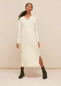 WHISTLES V NECK KNITTED DRESS IVORY / modern classic knitwear / split hem sweater dresses