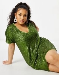 Jaded Rose Plus sequin t-shirt mini dress in olive green ~ sequinned plus size dresses