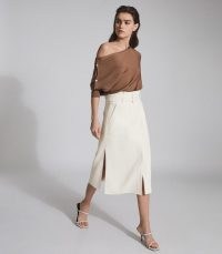 REISS LUNO BELTED MIDI SKIRT WHITE ~ split hem skirts