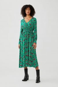 GHOST SUKI DRESS Misty Rose ~ green floral shirred-waist dresses