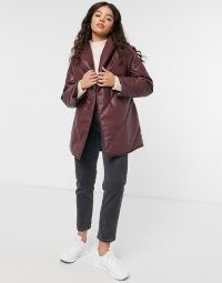 Monki Hilma faux leather padded jacket with belt in dark red