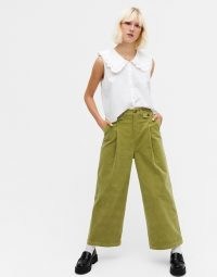 Monki Naomi cotton wide leg cord trousers in green ~ corduroy pants