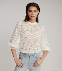 REISS NAINA BRODERIE ANGLAISE TOP WHITE ~ high neck cut out blouse