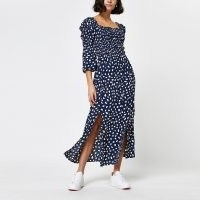 River Island Navy shirred puff sleeve maxi dress | front slit dresses