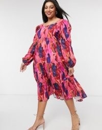 Never Fully Dressed Plus puff sleeve tiered smock dress in deep tone people print | flowing volume dresses | feminine plus size fashion | puffed sleeves