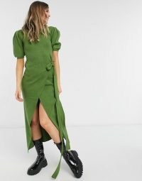 Never Fully Dressed tie waist asymmetric wrap midi dress in olive green