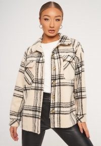 MISSGUIDED petite ecru check oversized brushed shacket ~ petites fashion ~ checked shackets