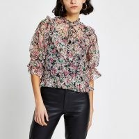 River Island Pink floral puff sleeve tea top