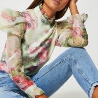 River Island Pink floral puff sleeve top | romantic high neck tops