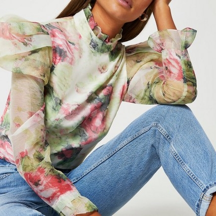 River Island Pink floral puff sleeve top | romantic high neck tops