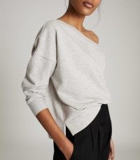 REISS POPPY OFF-THE-SHOULDER LOUNGEWEAR SWEATSHIRT GREY MARL / stylish casual wear