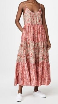 Roller Rabbit Rhody Dakota Maxi Dress in Pink / mixed floral prints / tiered skinny strap dresses